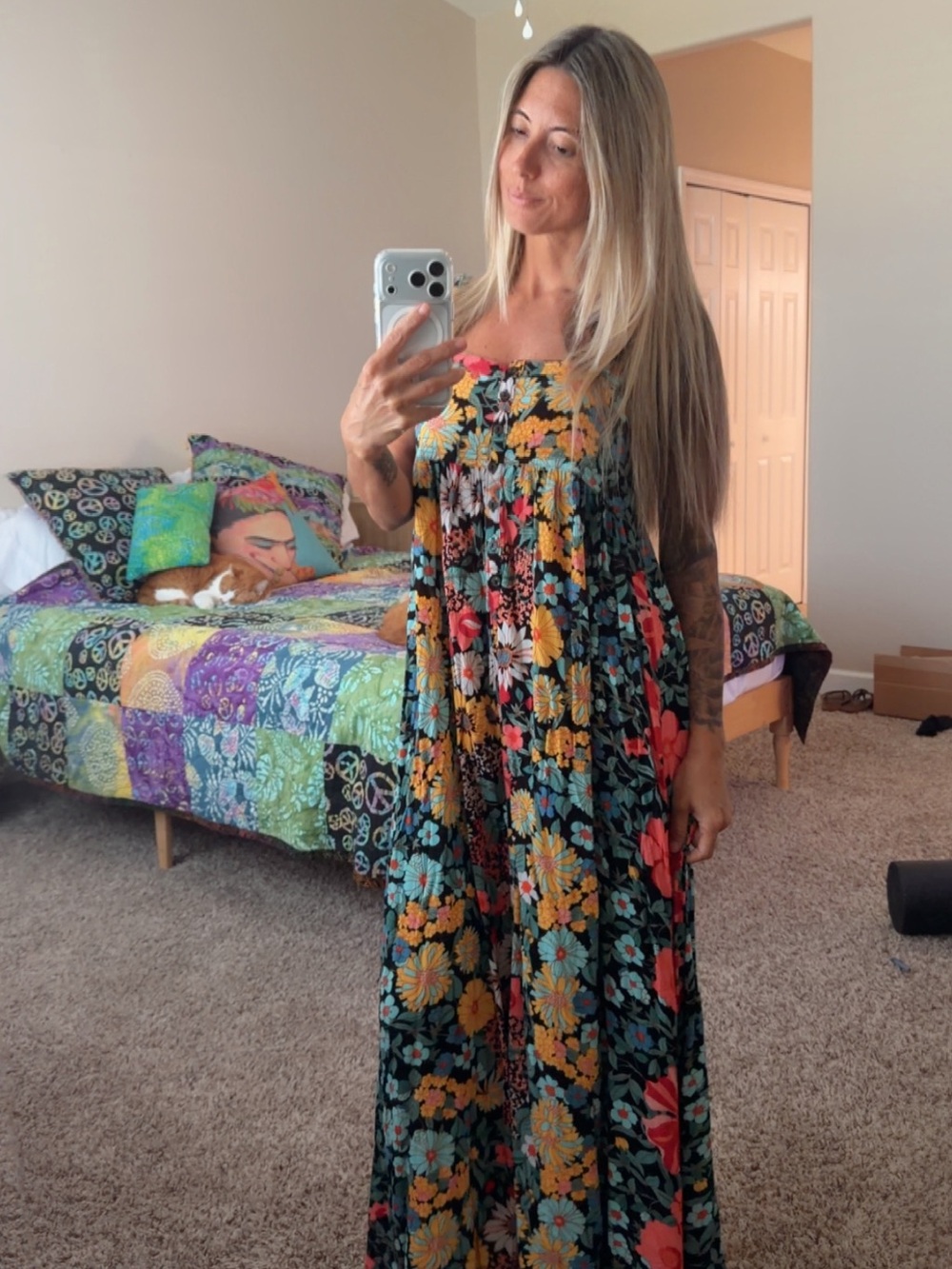 NATURAL LIFE Black Maxi Dress with Yellow, Teal & Coral Floral Print
